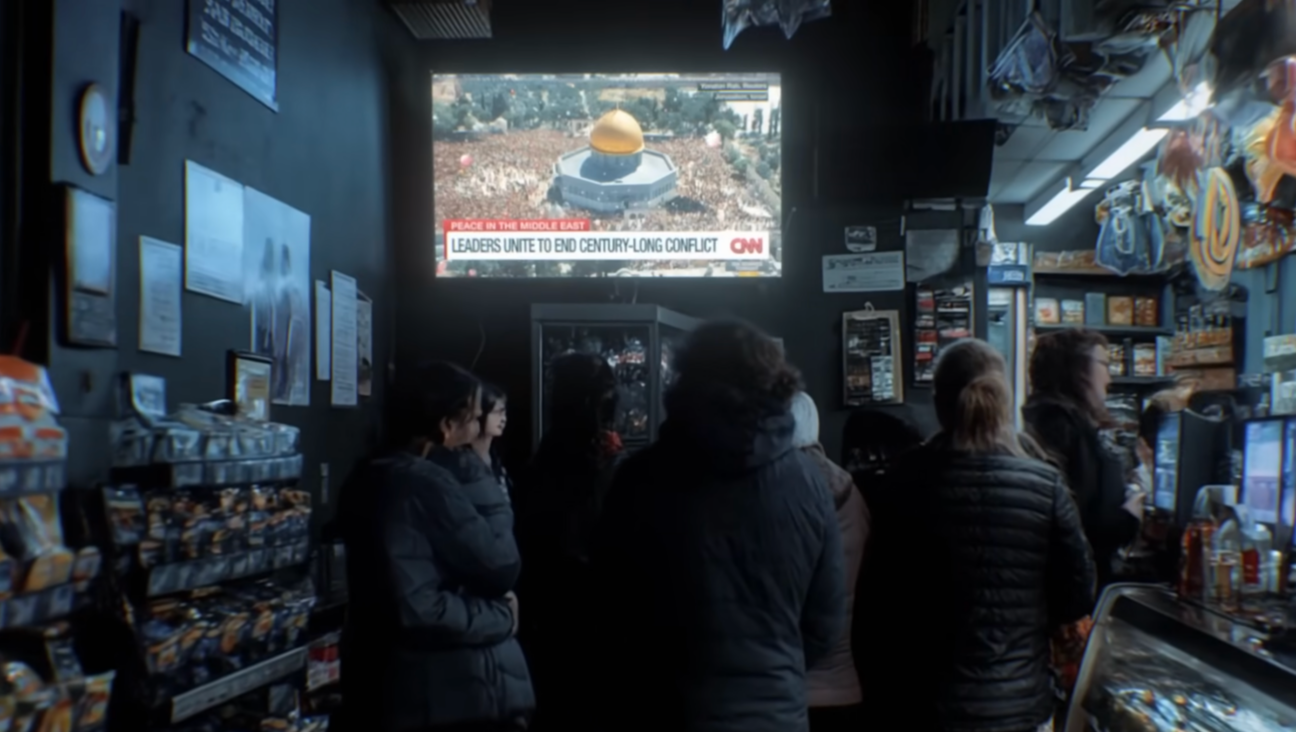 TV screens around the world depict a historic Middle East peace in the music video for Yoni Bloch’s “A Happy Ending.” (Screenshot)